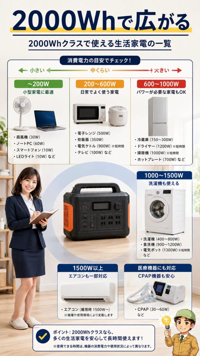 2000Whクラスのポータブル電源で使える生活家電を一覧化した縦型画像
