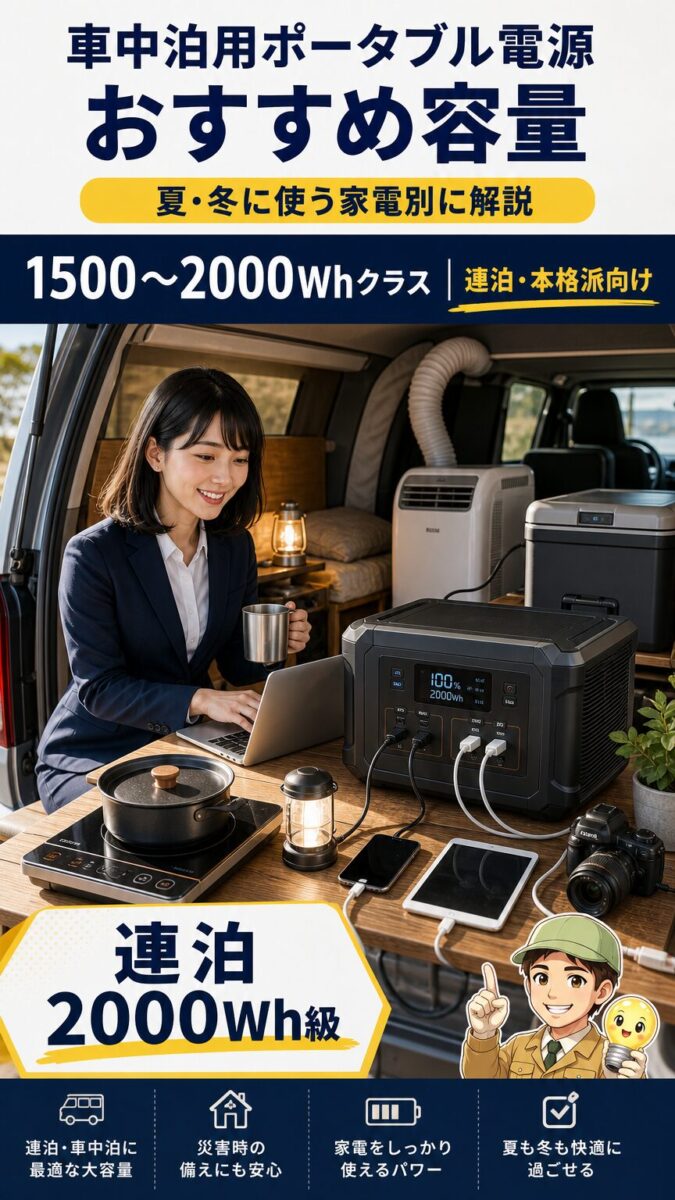 連泊や本格車中泊に向いた大容量ポータブル電源のイメージ