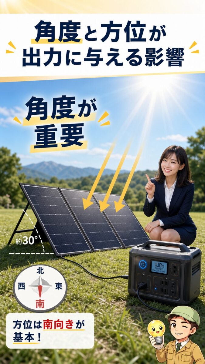 ソーラーパネルの角度と方位が発電出力に影響することを示す縦型画像