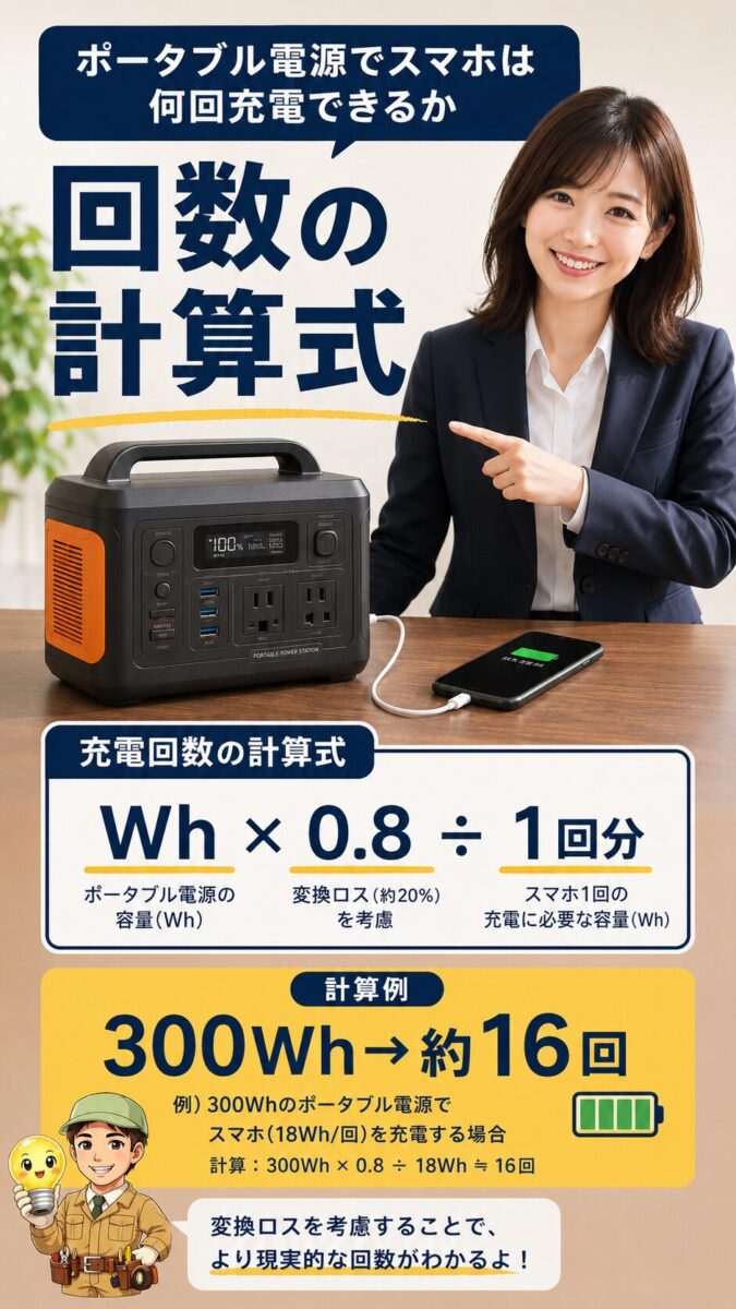 ポータブル電源のWhに0.8を掛けてスマホ1回分のWhで割る計算方法を示す縦型画像