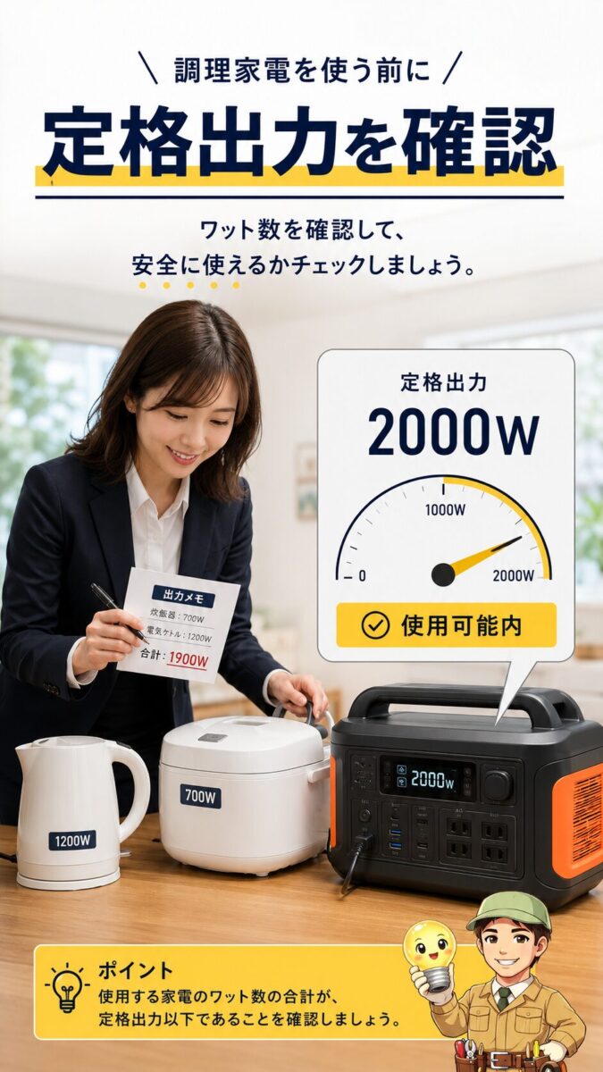 調理家電を使う前に定格出力を確認する画像