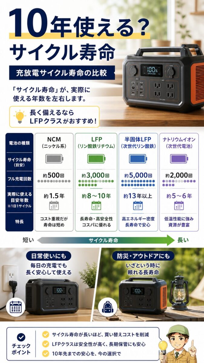 充放電サイクル寿命でポータブル電源の使用年数を比較する画像
