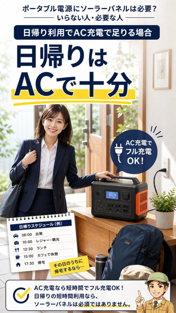 日帰り利用ならAC充電で足りることを示す画像