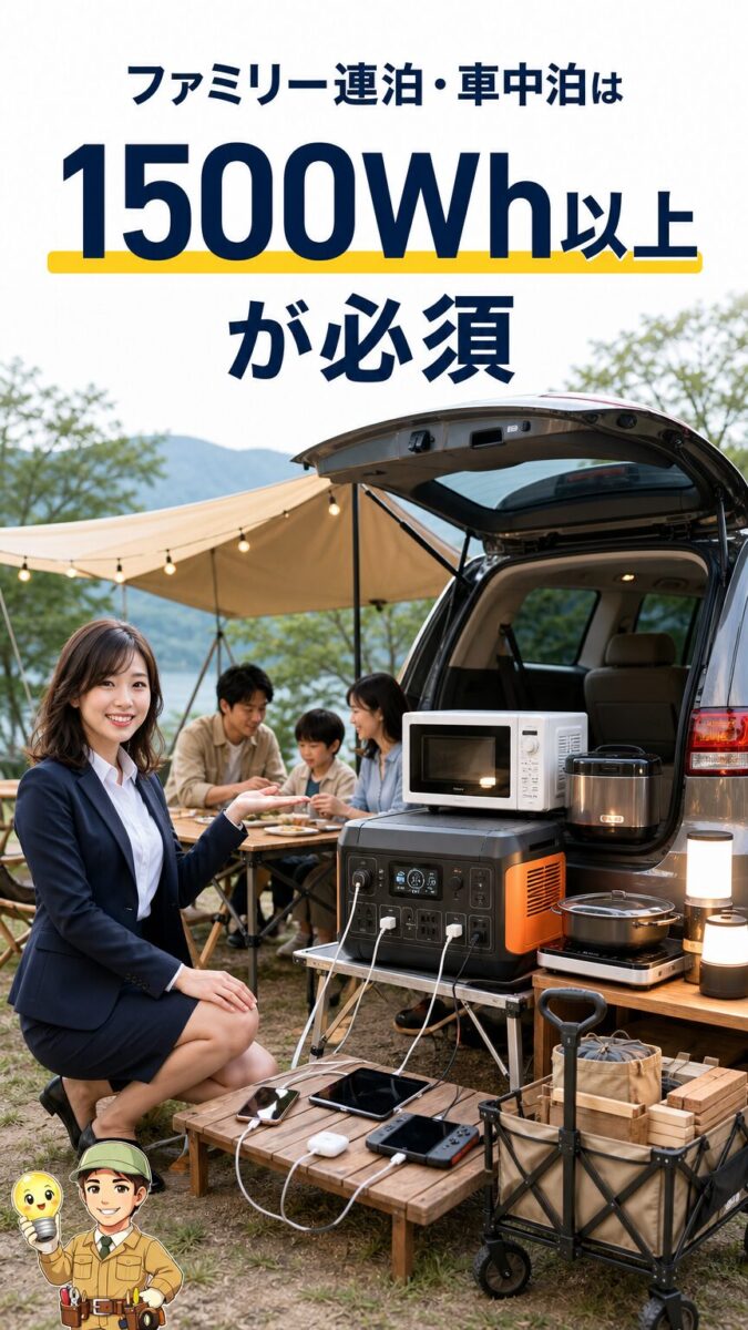 ファミリー連泊や車中泊には1500Wh以上が必要なことを表す画像