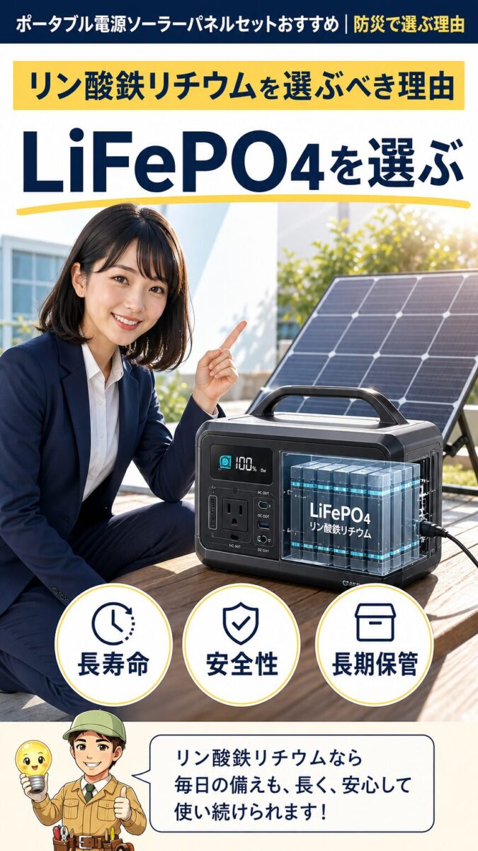 リン酸鉄リチウム電池の安全性と長寿命を示すイメージ