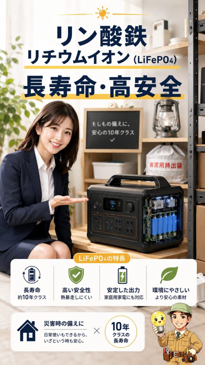 リン酸鉄リチウムイオン電池の安全性と長寿命をポータブル電源で表現した画像