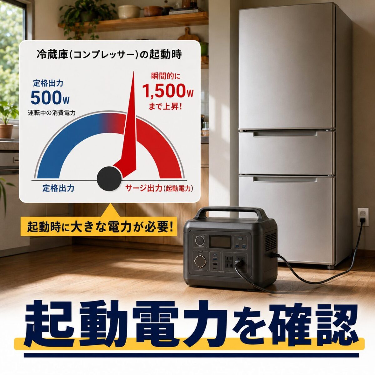 冷蔵庫を動かす前にポータブル電源の起動電力対応を確認するイメージ