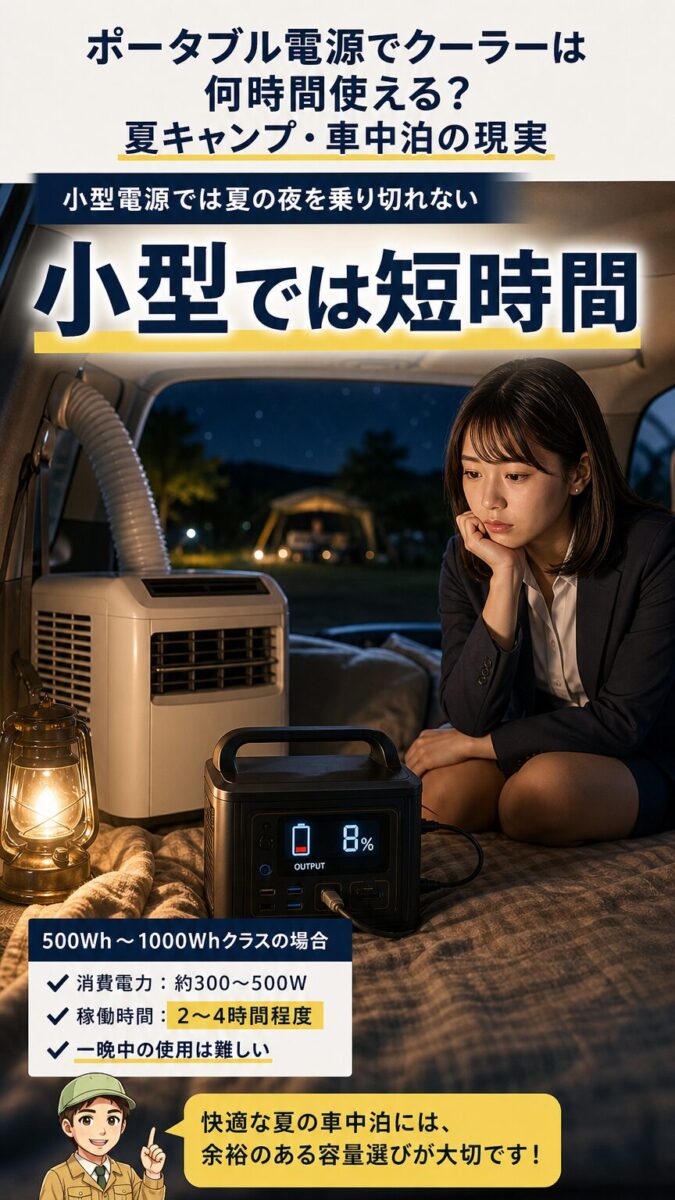 小型ポータブル電源では夏の夜にクーラーを長時間使いにくいことを示す画像
