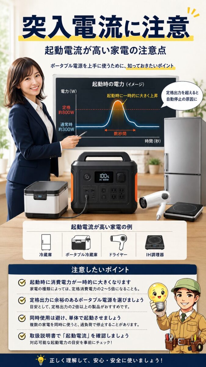 起動電流が高い家電をポータブル電源で使う際の注意点を示した縦型画像