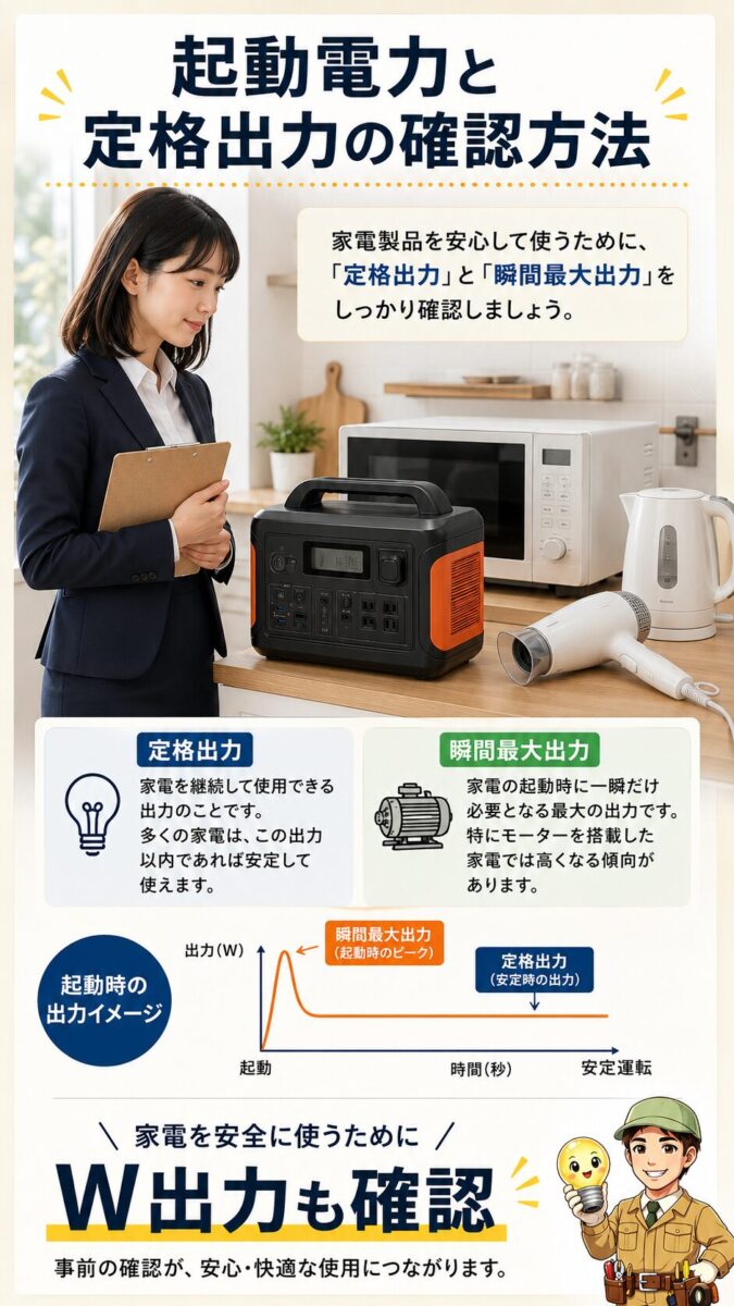 家電を使う前に起動電力と定格出力を確認する重要性を示した縦型画像