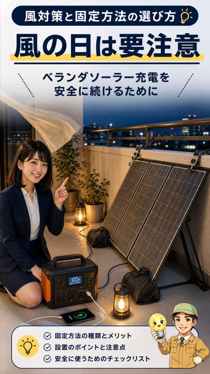 ベランダのソーラーパネルを風で倒れないよう安全に固定する画像