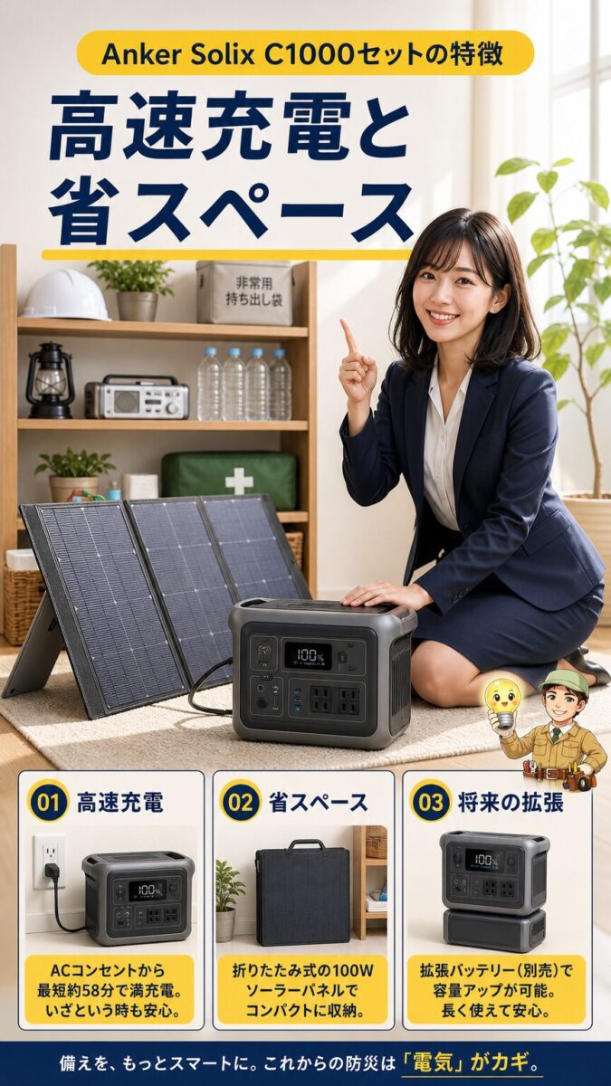 Anker Solix C1000セットの高速充電と省スペース性を表すイメージ