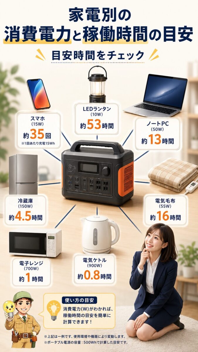 家電ごとの消費電力とポータブル電源での稼働時間目安を示した縦型画像