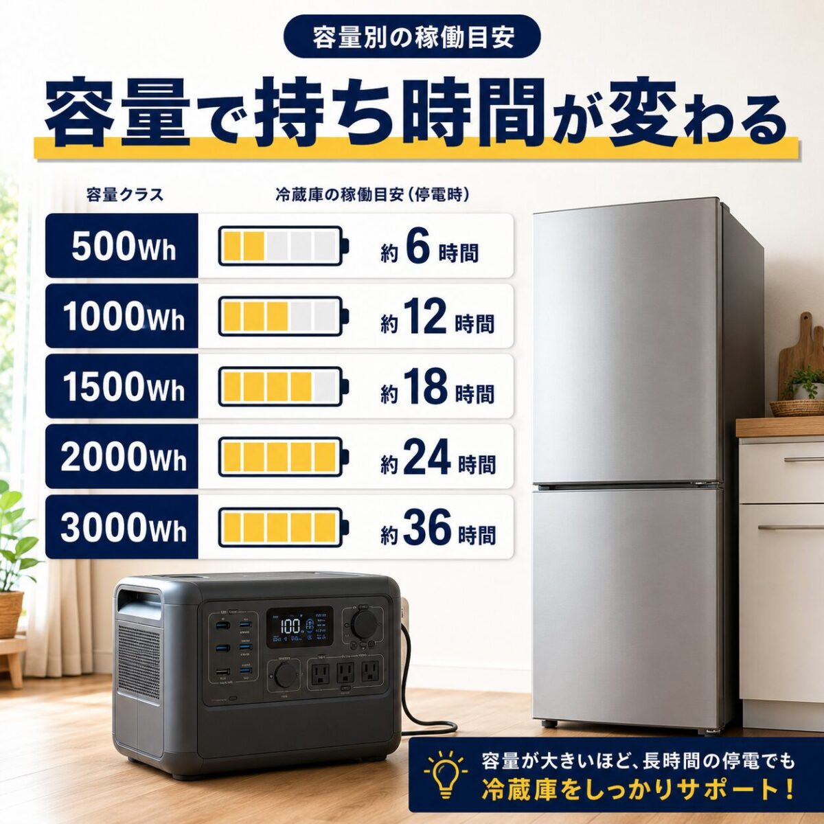 容量別に冷蔵庫の稼働時間目安を比較するポータブル電源のイメージ