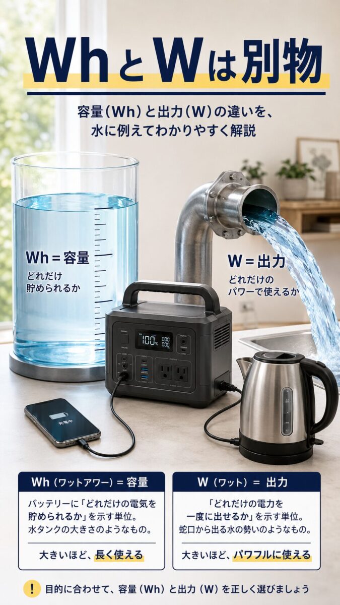 ポータブル電源の容量Whと出力Wの違いを示す画像