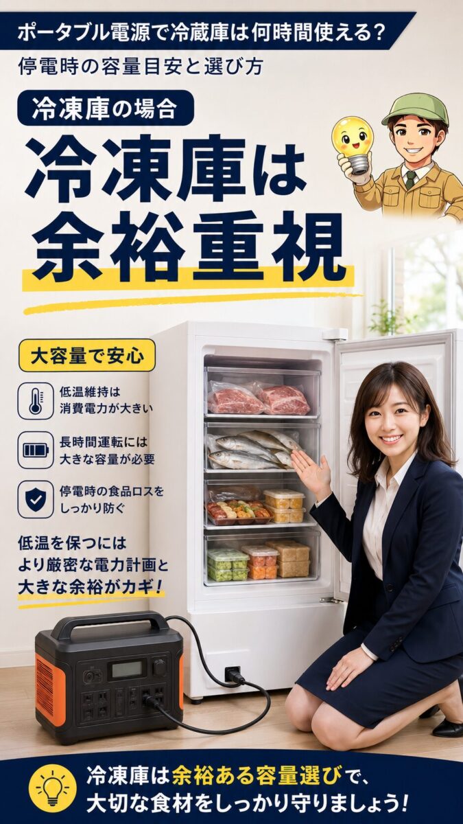冷凍庫は低温維持のため冷蔵庫より余裕ある容量が必要なことを示す画像