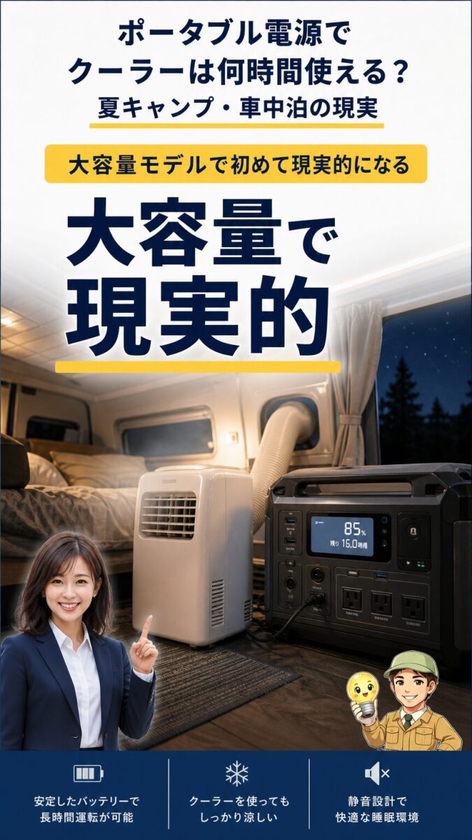大容量ポータブル電源で車中泊の冷房が現実的になることを示す画像