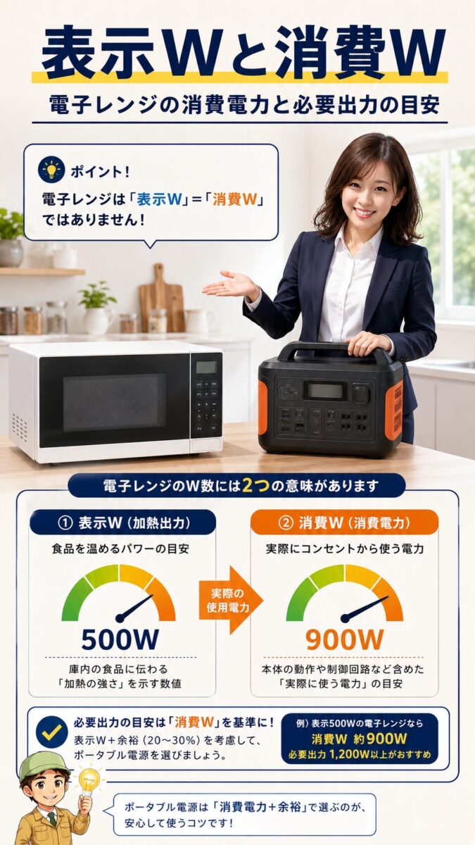 電子レンジの加熱出力と実際の消費電力の違いを示す縦型画像