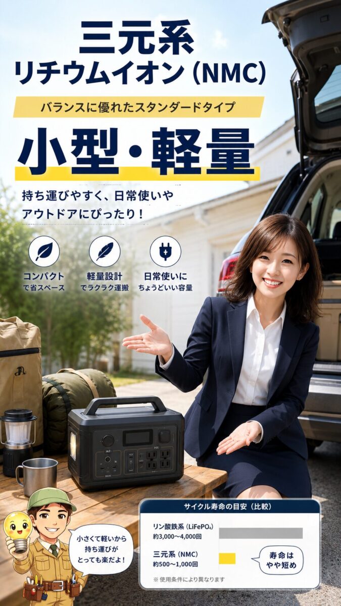 三元系リチウムイオン電池の小型軽量な特徴と寿命面の注意を示す画像