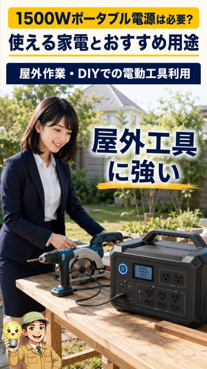 屋外作業で1500Wポータブル電源から電動工具を使う画像