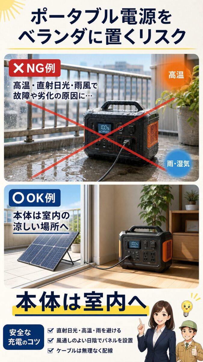 ポータブル電源本体をベランダに置かず室内で安全に使う画像