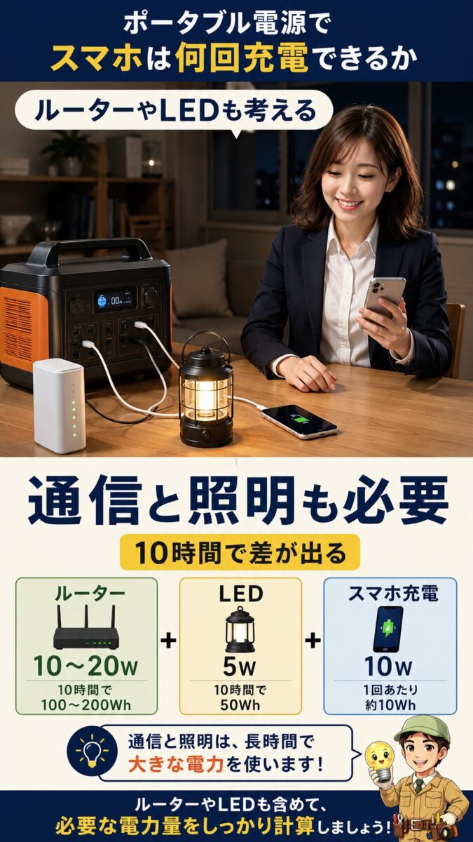 停電時はスマホ充電だけでなくWi-FiルーターやLEDライトの電力も考える必要があることを示す縦型画像