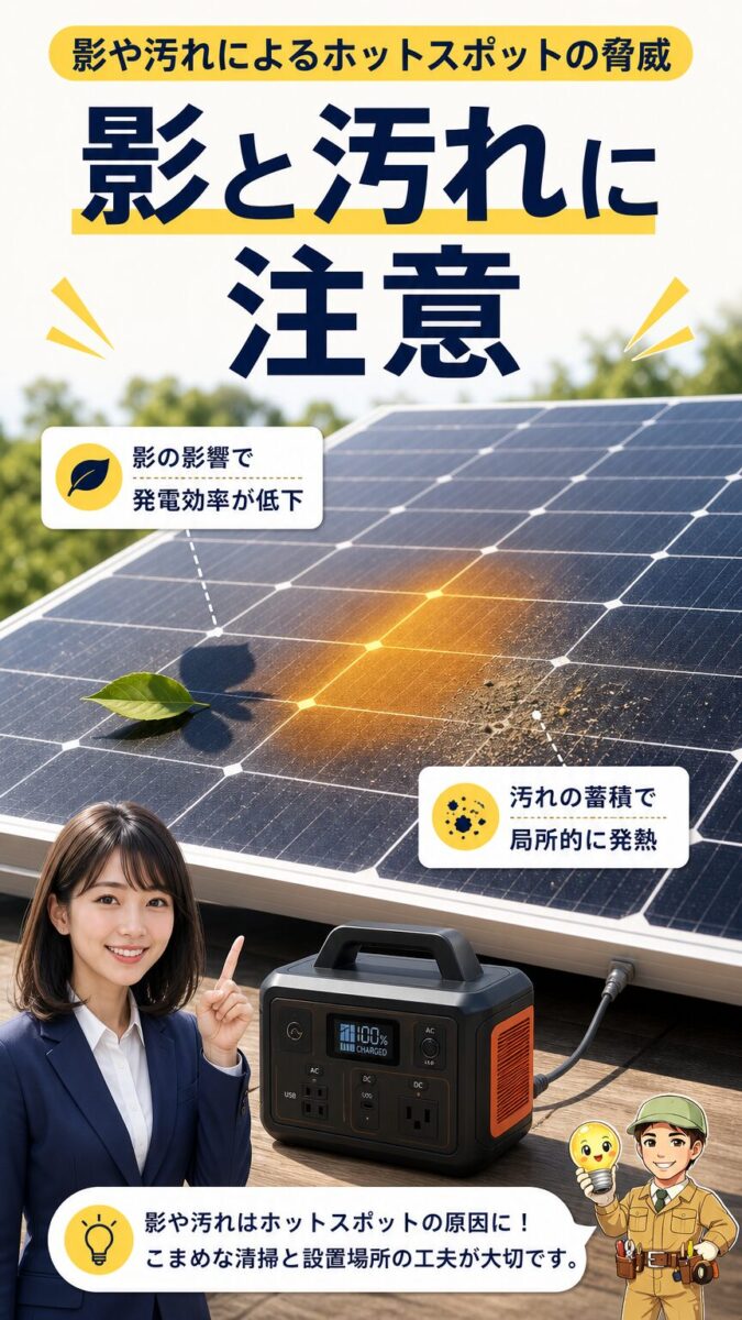 影や汚れがソーラーパネルのホットスポットや発電低下につながることを示す縦型画像
