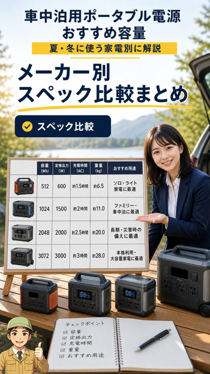ポータブル電源の容量や出力をメーカー別に比較するイメージ