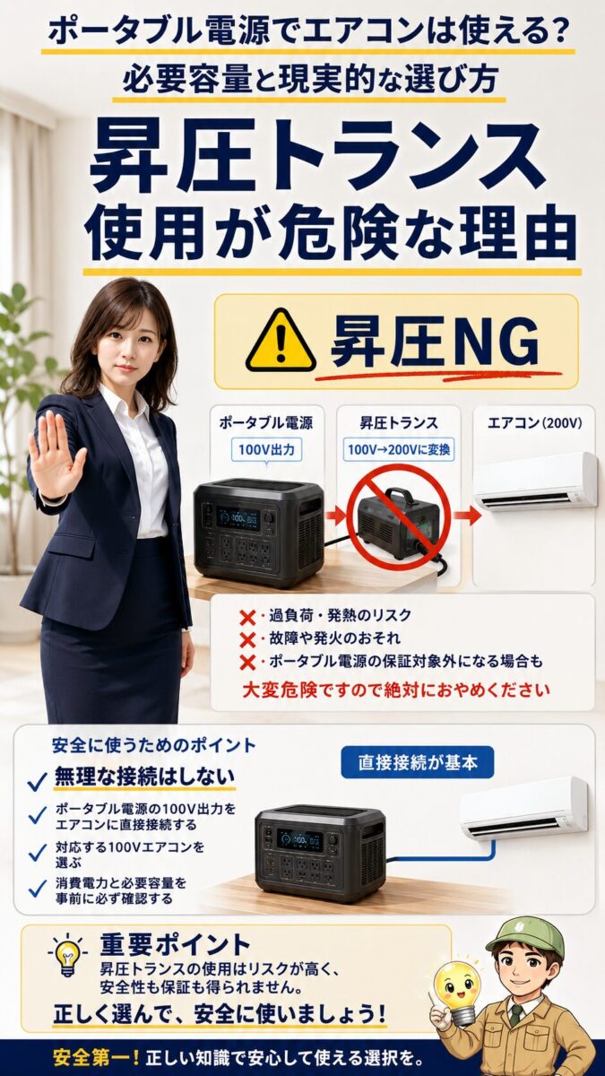 100Vポータブル電源に昇圧トランスを使う危険性を示す安全図
