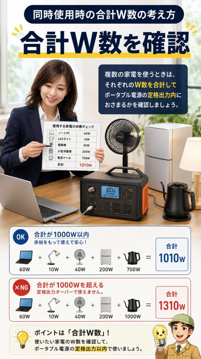 複数家電を同時使用するときの合計W数を確認する様子を示した縦型画像