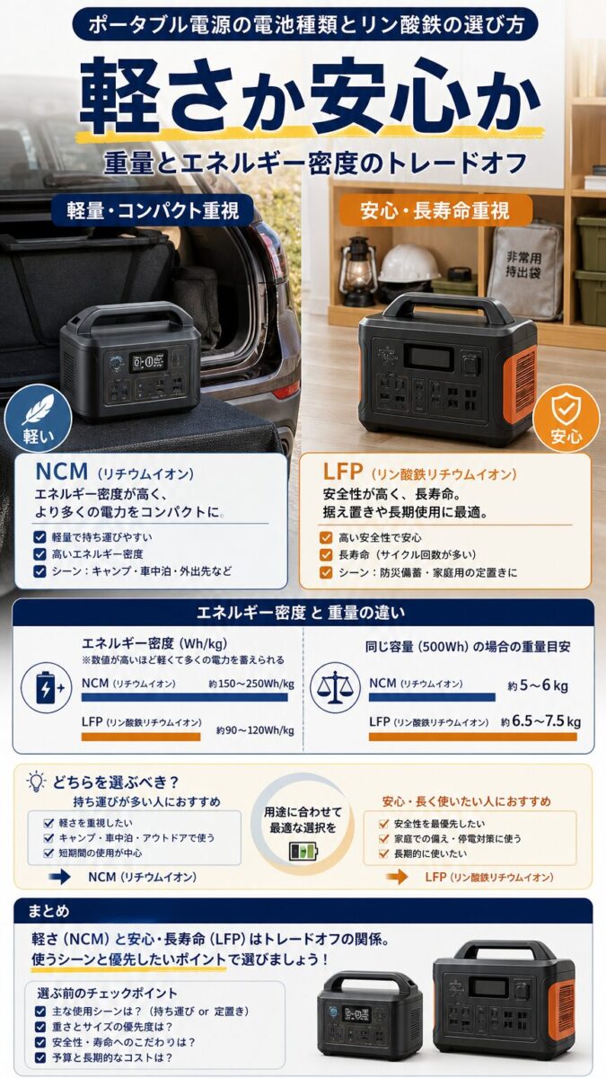 ポータブル電源の重量とエネルギー密度のトレードオフを表す画像