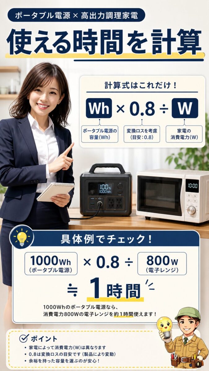 ポータブル電源の容量Whから電子レンジの稼働時間を計算する方法を示す画像