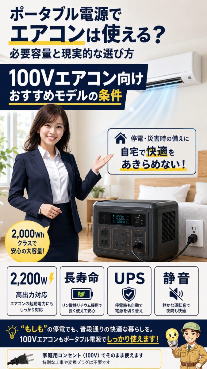 100Vエアコン向けポータブル電源に必要な高出力やUPS機能の条件
