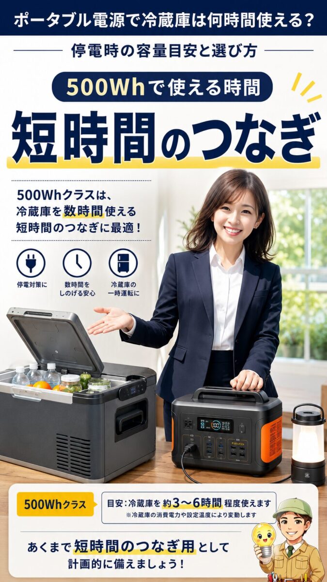 500Whのポータブル電源は短時間停電のつなぎに向くことを表した画像
