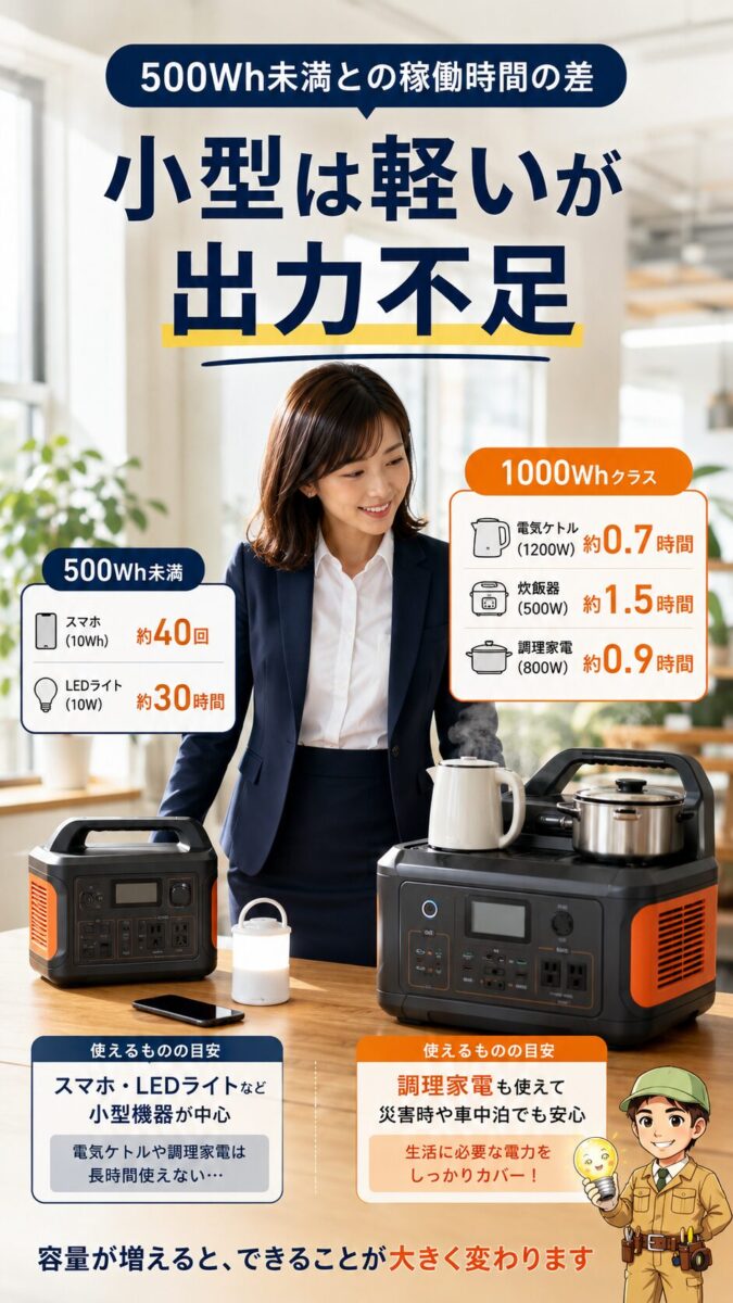 500Wh未満と1000Whクラスのポータブル電源の稼働時間差を示した縦型画像