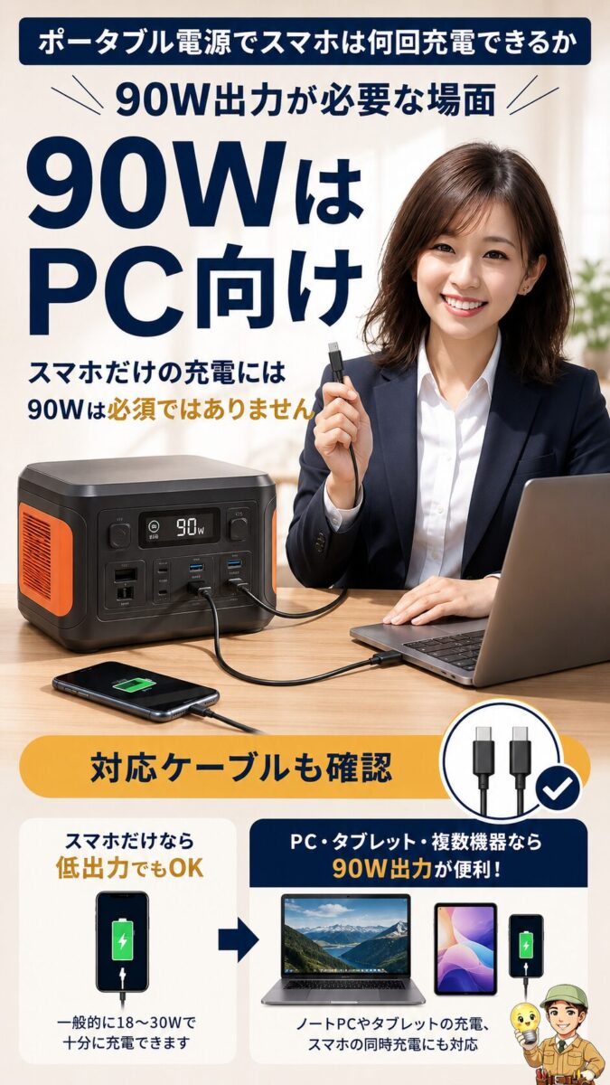90W出力はスマホだけでなくノートパソコンや複数台充電で重要になることを示す縦型画像