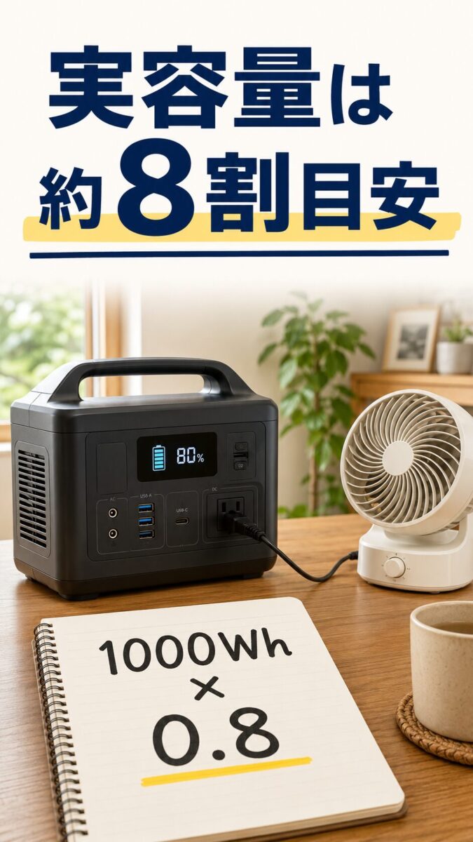 変換ロスを考えたポータブル電源の実容量を示す画像