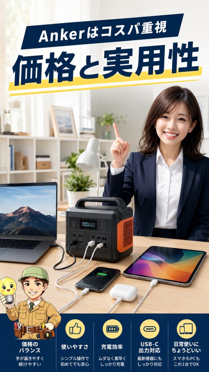 ノートPCやスマートフォン充電に使いやすいコスパ重視のポータブル電源イメージ