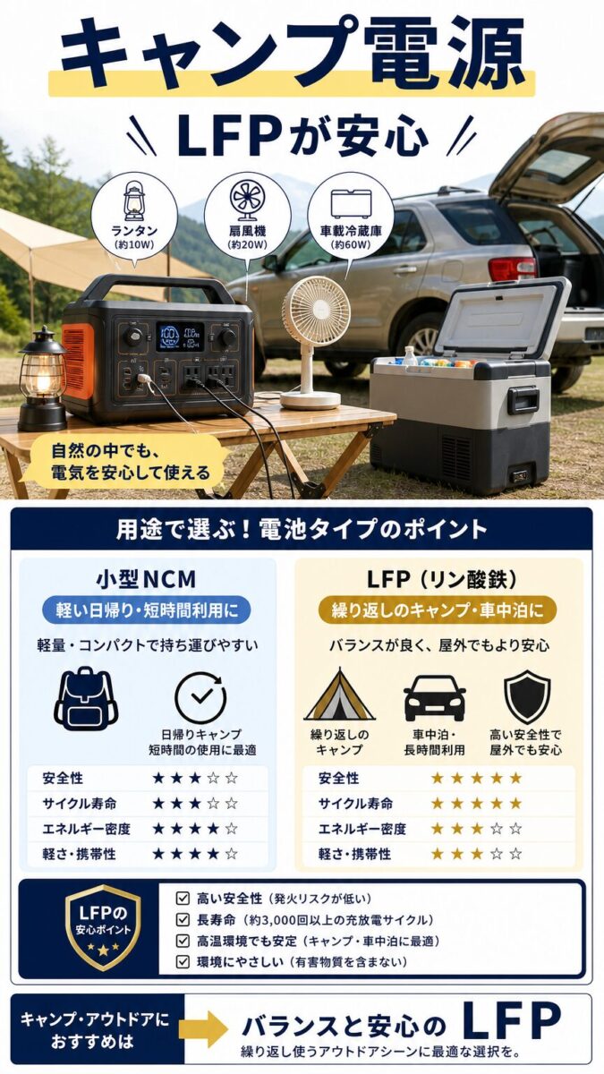 キャンプやアウトドアに適したポータブル電源の電池を示す画像