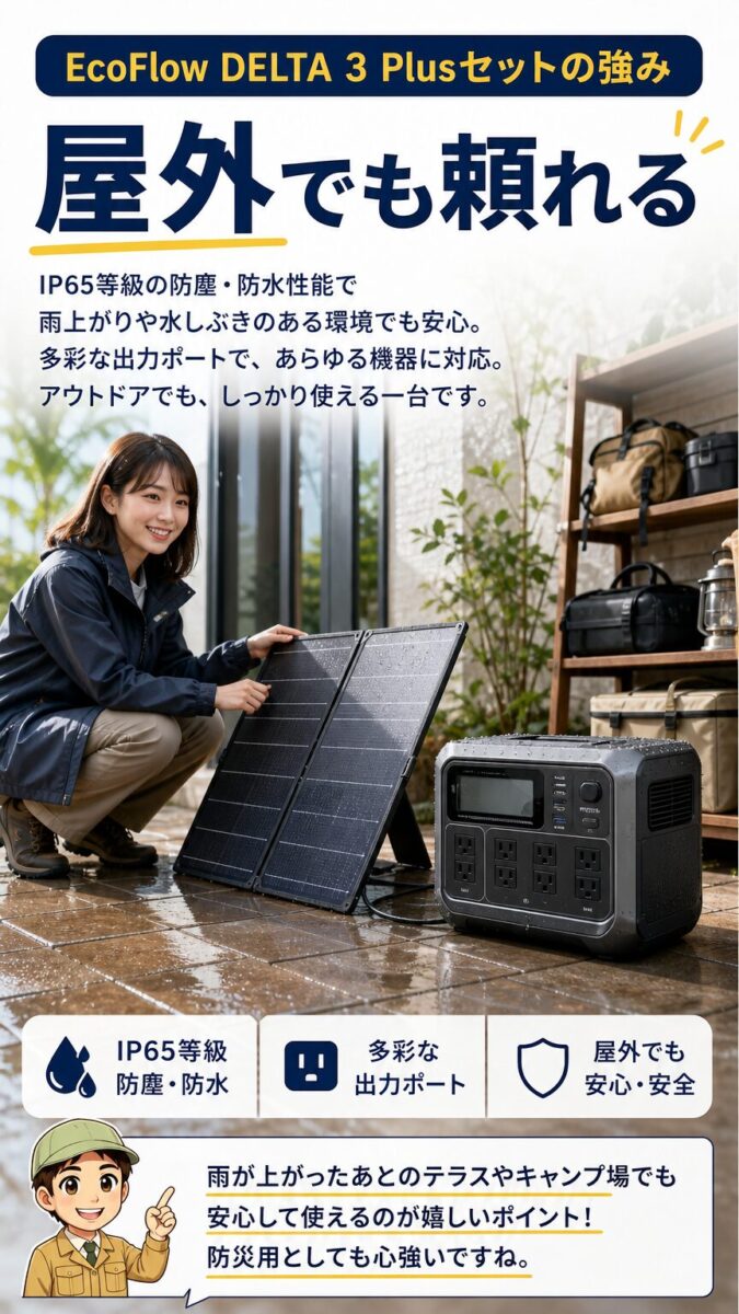 EcoFlow DELTA 3 Plusセットの防塵防水と屋外使用の強みを示すイメージ