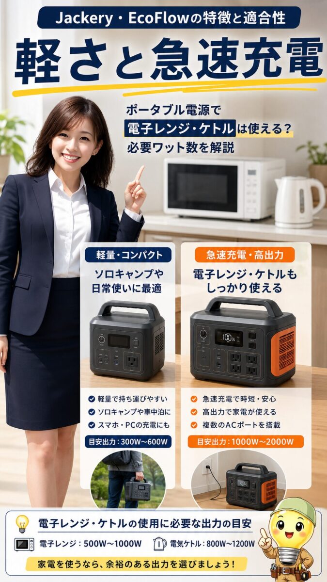 軽量性や急速充電に強い高出力ポータブル電源の特徴を示す画像