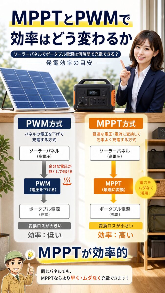 MPPT方式とPWM方式によるソーラー充電効率の違いを示す縦型画像