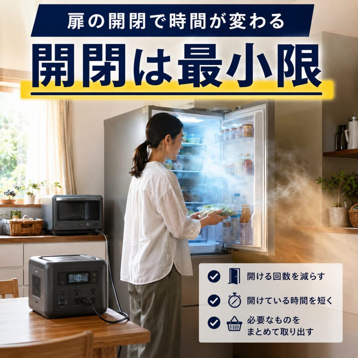 冷蔵庫の扉の開閉を減らしてポータブル電源の残量を守るイメージ