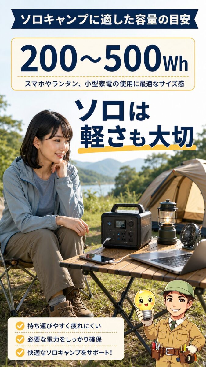 ソロキャンプで使う200〜500Wh前後のポータブル電源容量目安を示した画像
