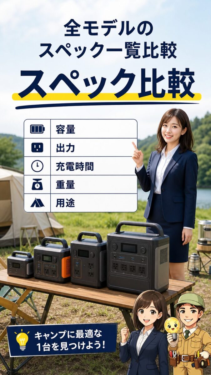 ポータブル電源の容量や出力などスペックを比較する画像