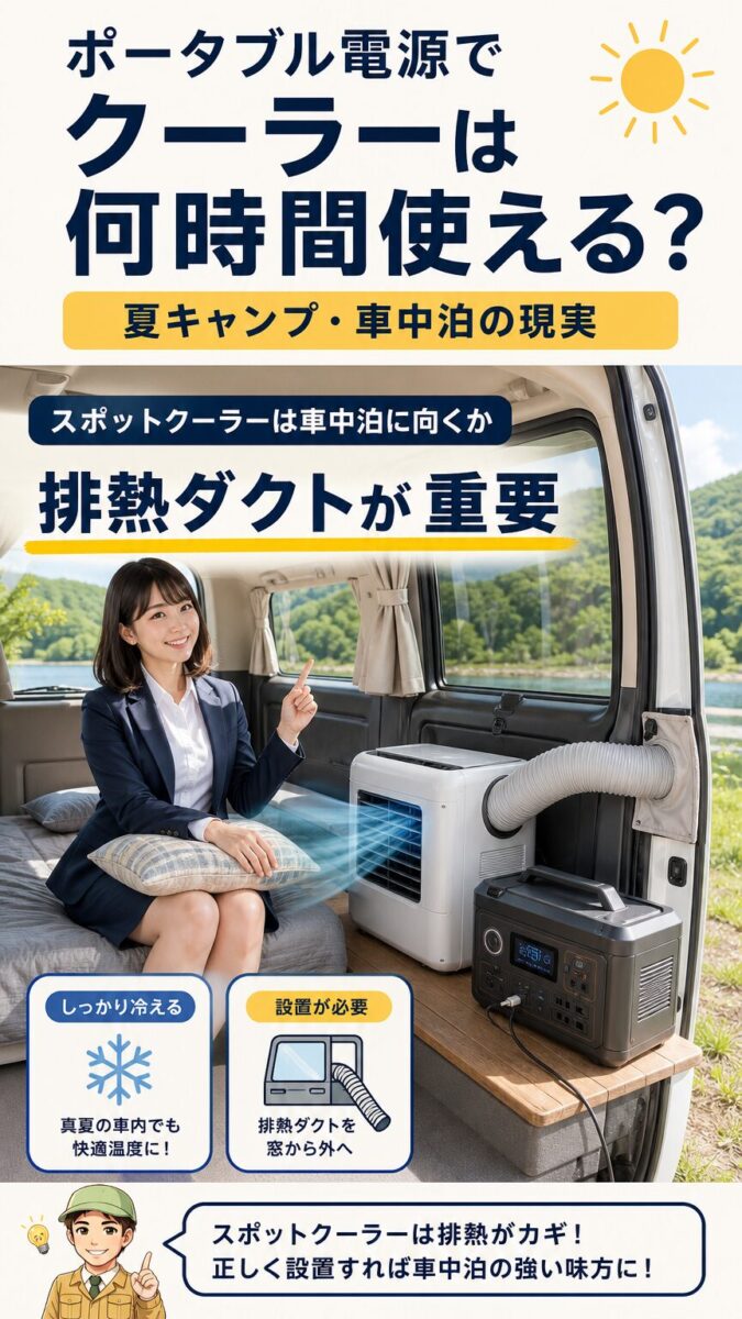 車中泊でスポットクーラーを使うには排熱ダクト処理が重要なことを示す画像