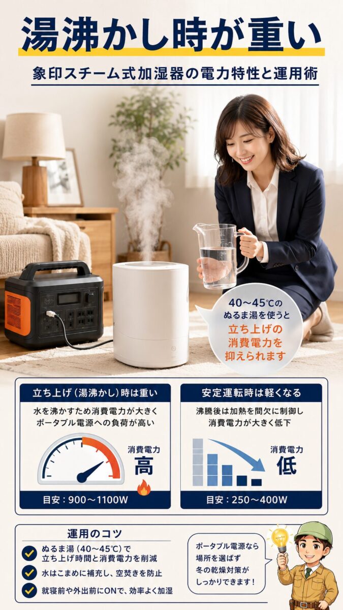 スチーム式加湿器は湯沸かし時の消費電力が大きいことを示す縦型画像