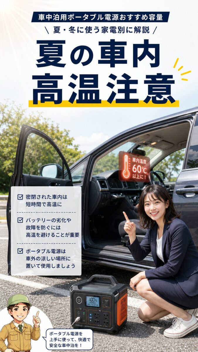 夏の車内高温がポータブル電源に与えるリスクのイメージ
