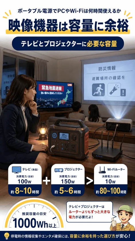 テレビやプロジェクターに必要なポータブル電源容量を示す画像
