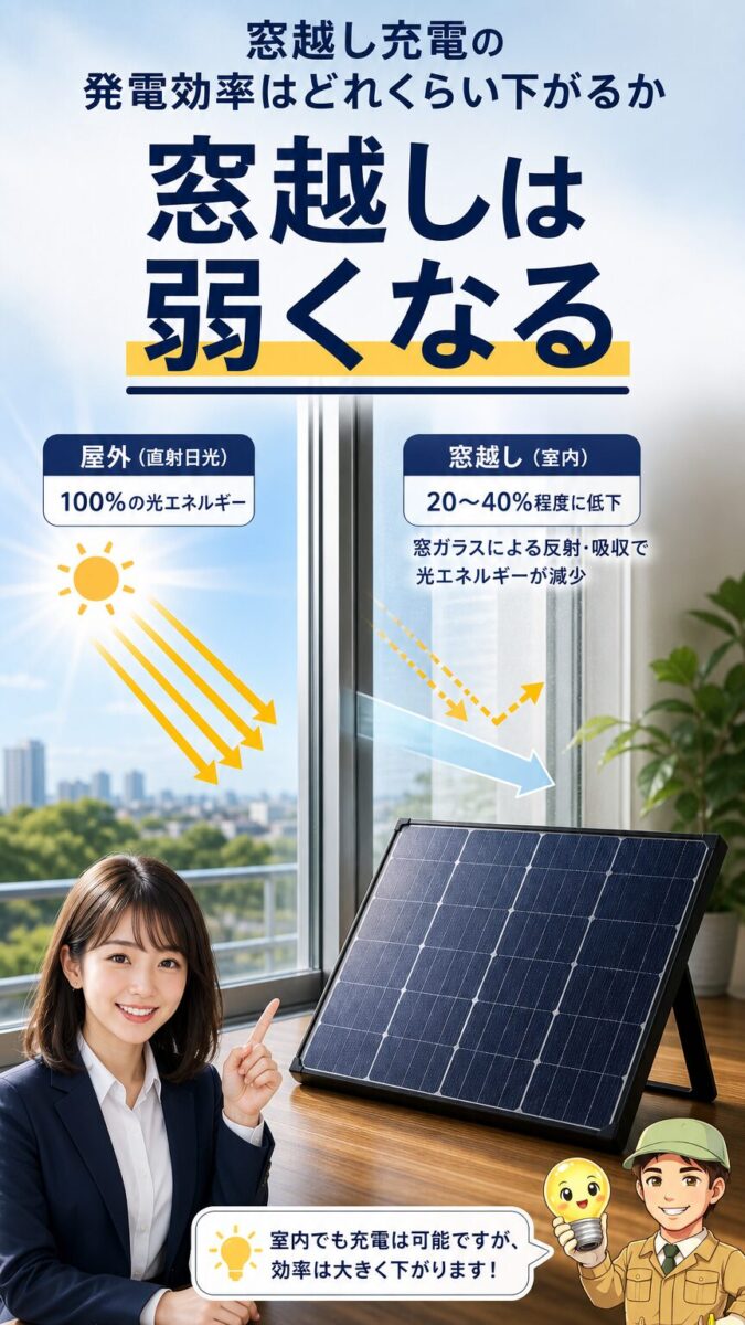 窓ガラス越しのソーラー充電で発電効率が下がる様子を示す画像